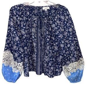LOFT Women's Small Navy Paisley Cotton Peasant Blouse Lace Boho Puff Sleeve Top